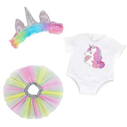 ZWOOS Ropa para Muñecas bebé, Mameluco Unicornio y Falda y Diadema para 18" Muñecas (40-45 cm), Juego de 3