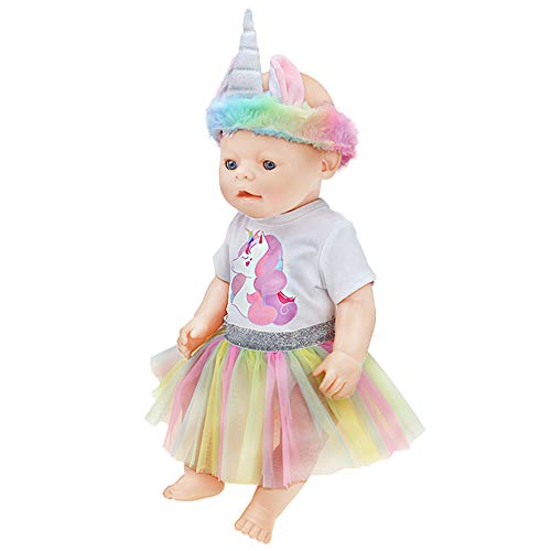 ZWOOS Ropa para Muñecas bebé, Mameluco Unicornio y Falda y Diadema para 18" Muñecas (40-45 cm), Juego de 3