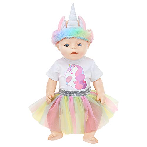 ZWOOS Ropa para Muñecas bebé, Mameluco Unicornio y Falda y Diadema para 18" Muñecas (40-45 cm), Juego de 3