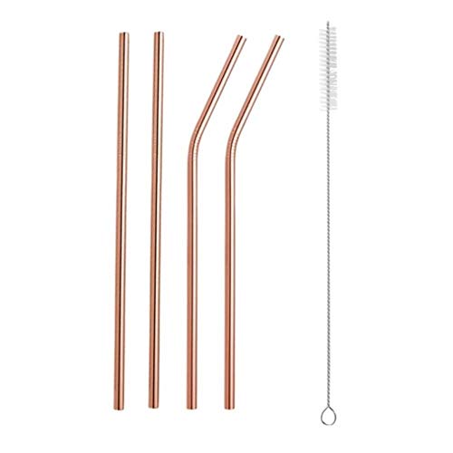 zyr 304 Stainless Steel Metal Straw Reusable Straw Brush Eco-Friendly Straw Straight Bend Cleaning Brush Bar Party Accessories,C-Rose Gold  5PC
