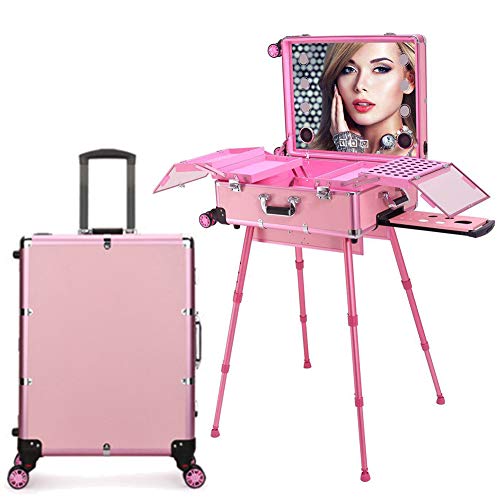 ZZSQ Estuche de tocador de Maquillaje de peluquería con Pantalla táctil 4 en 1 con Altavoz Bluetooth Espejo Iluminado Mesa de Tren portátil Estación de Maquillaje Vanity Cosmetic Trolley,Rosado