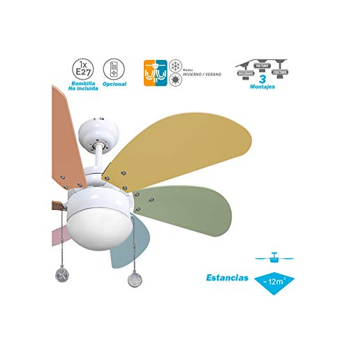003 Ventilador de techo con luz colores pastel, 1xE27, 77 cm., AkunaDecor.
