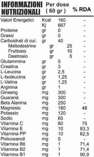 1 Packung 1 kg mit Energie vorbereitet: BCAA (verzweigtkettigen Aminosäuren), Glutamin, Creatin, Beta Alanin, Arginin, Policosanolen, Maltodextrin, Fruktose, Dextrose, Vitamine und Mineralien, entworfen als Energie-bereit, während des Trainings zu nehmen,