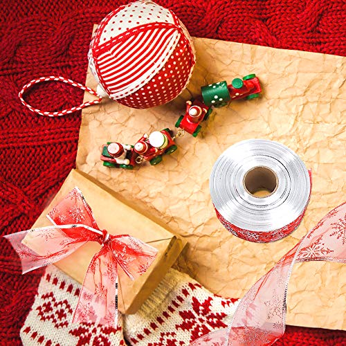 1 rollo de cinta de organza con diseño de copo de nieve rojo con alambre de purpurina para tarta de Navidad, cinta de organza para árbol, decoraciones de fiesta de Navidad (22 yardas)