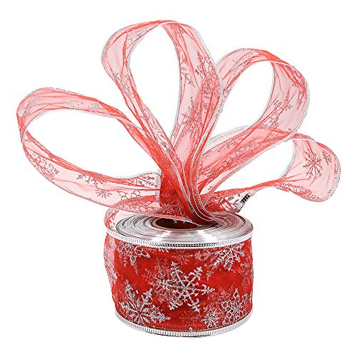 1 rollo de cinta de organza con diseño de copo de nieve rojo con alambre de purpurina para tarta de Navidad, cinta de organza para árbol, decoraciones de fiesta de Navidad (22 yardas)