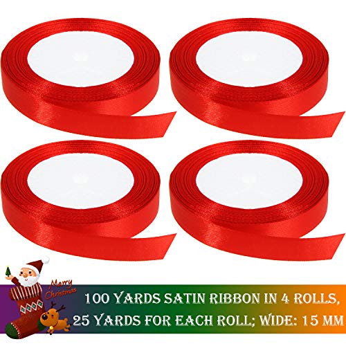 100 Yardas de Cinta de Satén Cinta de Embalaje de Regalo de Navidad para DIY Regalos (Rojo, 15 mm)