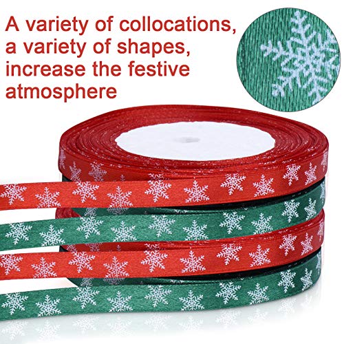 100m 4 Rollo Cintas de Satén de Copo de Nieve Cinta de Tela de Navidad para Decoraciones de Navidad, Envoltura de Regalos, Cinta Arbol de Navidad (Rojo, Verde)