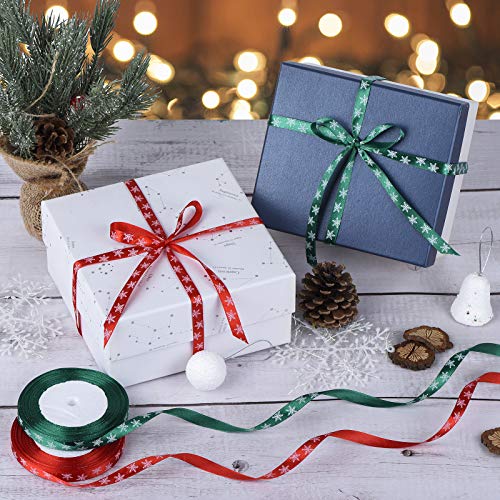 100m 4 Rollo Cintas de Satén de Copo de Nieve Cinta de Tela de Navidad para Decoraciones de Navidad, Envoltura de Regalos, Cinta Arbol de Navidad (Rojo, Verde)