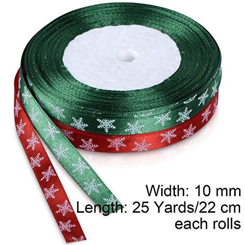 100m 4 Rollo Cintas de Satén de Copo de Nieve Cinta de Tela de Navidad para Decoraciones de Navidad, Envoltura de Regalos, Cinta Arbol de Navidad (Rojo, Verde)