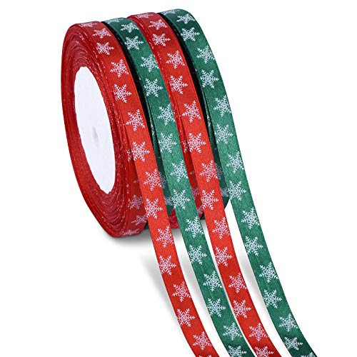 100m 4 Rollo Cintas de Satén de Copo de Nieve Cinta de Tela de Navidad para Decoraciones de Navidad, Envoltura de Regalos, Cinta Arbol de Navidad (Rojo, Verde)