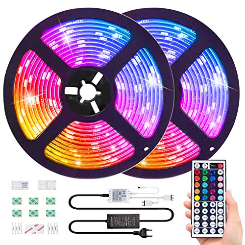 10M RGB Tira de LED 12V con Chip SMD 5050, ESEYE IP65 Impermeable Flexibles Multicolor 300 LEDs Strip Tiras Con Mando a Distancia y Adaptador Corriente Luce de LEDPara TV/Fiestas/Luz Ambiental