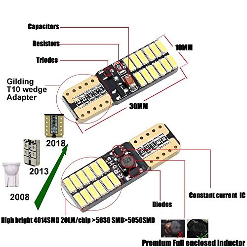 10pcs 194 W5W T10 led canbus no error Bombillas de cuña 24 leds 4014SMD Luces de posición Placa de la lámpara del coche Juego Interior del coche 6000k 12V (Blanco)