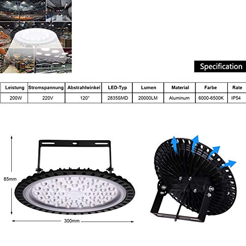 10pcs UFO LED Iluminación, 100W 200W LED UFO Lámpara Industrial, Blanco Frío 6000K Redondo Lampara Minera Brillante Iluminación Comercial Bahía Luces Almacén LED Lámpara (200W-Typ 2)