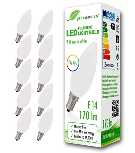 10x Bombilla de filamento LED greenandco® IRC 90+ E14 opaca 2W (corresponde a 18W) 170lm 2700K (blanco cálido) 360° 230V AC vidrio, sin parpadeo, no regulable 10x Bombilla de filamento LED greenandco® IRC 90+ E14 opaca 2W (corresponde a 18W) 170lm 2700K (blanco cálido) 360° 230V AC vidrio, sin parpadeo, no regulable