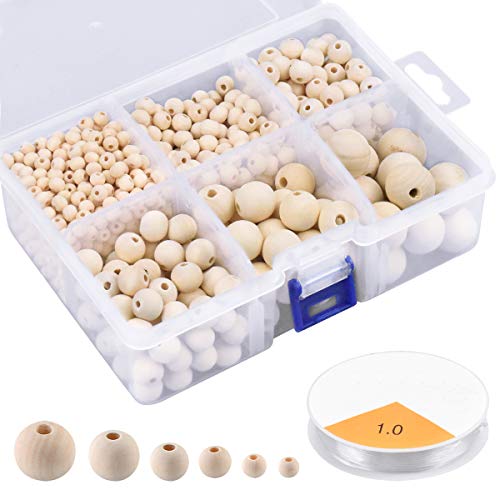 1105pcs Bolas de Madera con Agujero 20mm 16mm 12mm 10mm 8mm 6mm Cuentas de Madera Manualidades Bolas de Madera para Pulseras Collar Abalorios Madera Natural Cuentas de Madera Pequenas