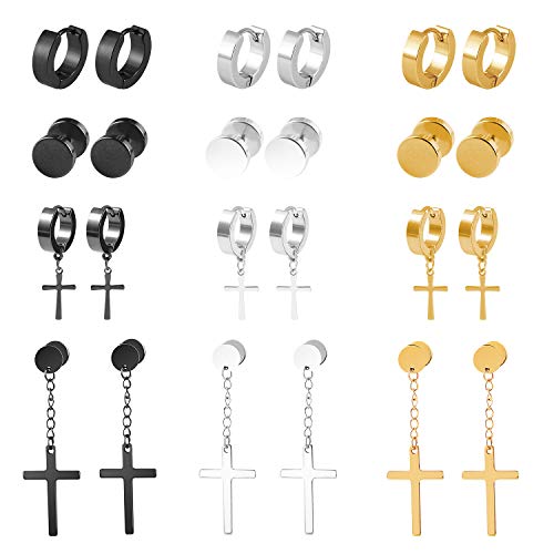 12 Pares Aretes Pendientes Piercing de Acero Inoxidable para Hombres Mujers Unisex Pendientes Oro Plata Negro Cruz Colgante Redondo Earrings