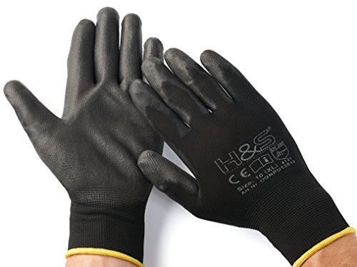 12 Pares de Guantes de Trabajo ISC H&S, Nylon, Revestimiento de PU; en Tallas S pequeña (7), Media M (8), L Grande (9), XL Grande x (10), XXL Grande x (11); sin Costuras, versátil, Negro, XL (10)