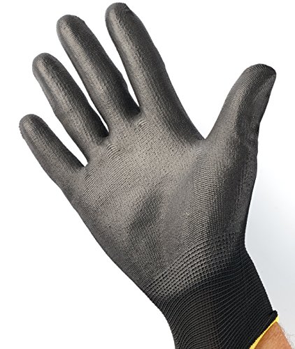 12 Pares de Guantes de Trabajo ISC H&S, Nylon, Revestimiento de PU; en Tallas S pequeña (7), Media M (8), L Grande (9), XL Grande x (10), XXL Grande x (11); sin Costuras, versátil, Negro, XL (10)