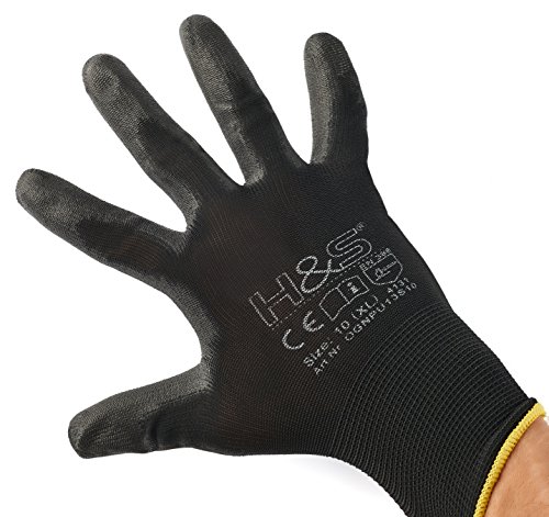 12 Pares de Guantes de Trabajo ISC H&S, Nylon, Revestimiento de PU; en Tallas S pequeña (7), Media M (8), L Grande (9), XL Grande x (10), XXL Grande x (11); sin Costuras, versátil, Negro, XL (10)