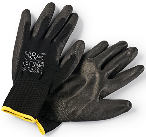 12 Pares de Guantes de Trabajo ISC H&S, Nylon, Revestimiento de PU; en Tallas S pequeña (7), Media M (8), L Grande (9), XL Grande x (10), XXL Grande x (11); sin Costuras, versátil, Negro, XL (10)