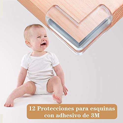 12 Protecciones para Esquinas + 12 Protector Enchufes + 2 Protectores Puerta, EJNOY 26 Pack Protecciones para Bebes y Niños con Adhesivo de 3M, Kit Protector Para Esquinas y Enchufes