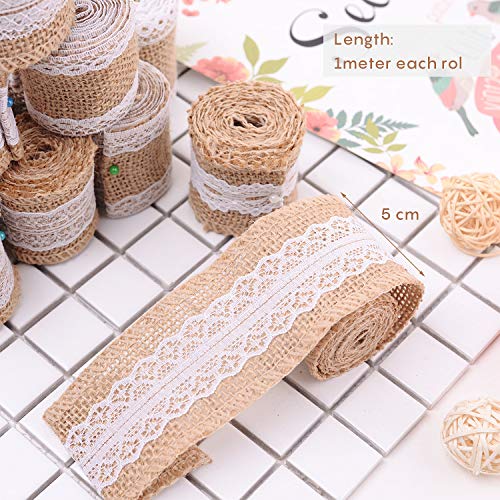 12 Rollo de Cinta Yute Natural con Encaje Blanco, 5 cm Ancho Retro Arpillera Cinta para DIY Hecho a Mano Artesanías de Boda Decoraciones, Encaje de Lino para Regalo Arreglos Florales