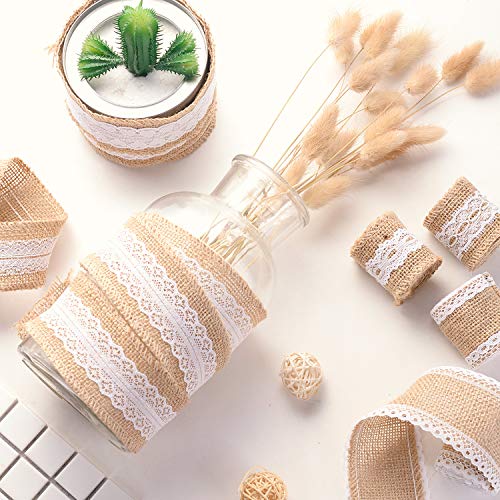 12 Rollo de Cinta Yute Natural con Encaje Blanco, 5 cm Ancho Retro Arpillera Cinta para DIY Hecho a Mano Artesanías de Boda Decoraciones, Encaje de Lino para Regalo Arreglos Florales