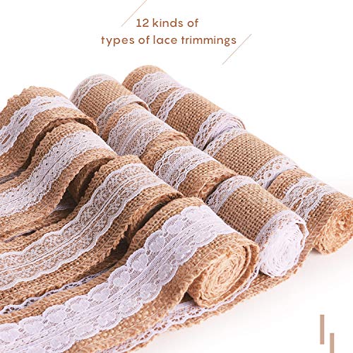 12 Rollo de Cinta Yute Natural con Encaje Blanco, 5 cm Ancho Retro Arpillera Cinta para DIY Hecho a Mano Artesanías de Boda Decoraciones, Encaje de Lino para Regalo Arreglos Florales