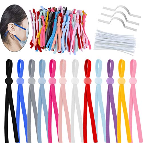 120 Piezas 5mm Cuerda Elastica, Plana Cintas elásticas para Costura y Manualidades DIY Cordon, Cordón Goma Elástico Bandas con Tiras de Aluminio para la Nariz y Hebilla Ajustable(Color Claro)