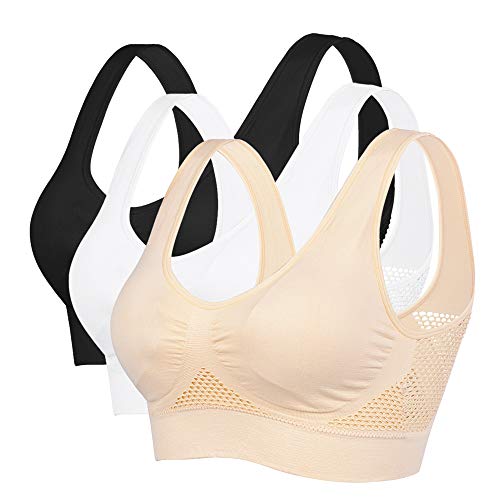 1/2/3Pcs Sujetador Deportivo Correa Ancha para Mujeres sin Costuras para Dormir Suave Ropa de Diario para Deportes Yoga Ejercicio Sujetadores (Carne+Negra+Blanca, L)