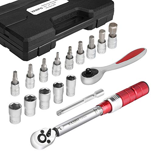 1/4" Llave Dinamométrica, VANPO Llave de Torque 5-25 Nm, Precisión ± 3%, 17 Piezas Mantenimiento Juego para Bicicleta, Coche, Moto con Barra de Extensión, 1/4" Llave de Ttrinquete, Puntas y Vasos 1/4" Llave Dinamométrica, VANPO Llave de Torque 5-25 Nm, Precisión ± 3%, 17 Piezas Mantenimiento Juego para Bicicleta, Coche, Moto con Barra de Extensión, 1/4" Llave de Ttrinquete, Puntas y Vasos