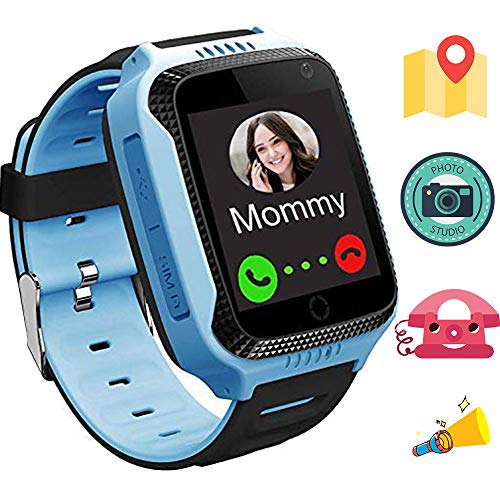 1.44 Pulgadas Touch Kids GPS Tracker Smart Watch con La Cámara SIM Llamadas Anti-perdido SOS Reloj Pulsera para Niños, Localizador Rastreador GPS Niños con GPS + Estación Base Azul