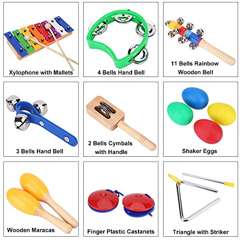 17pcs Juego Instrumentos Musicales de Percusión para Niños Juguetes de Xilófono Juguetes Educativos Juego de Banda Rítmica con Bolsa de Almacenamiento