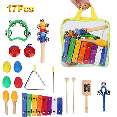 17pcs Juego Instrumentos Musicales de Percusión para Niños Juguetes de Xilófono Juguetes Educativos Juego de Banda Rítmica con Bolsa de Almacenamiento