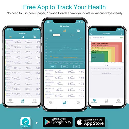 1byone Tensiómetros de Brazo Bluetooth, Tensiometro Bluetooth, Medidor Presion Arterial admite almacenamiento Cloud y sincronización de teléfonos inteligentes, Exportar datos como Excel - Negro