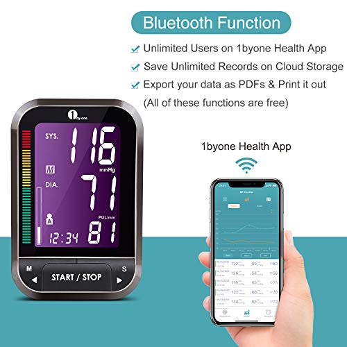 1byone Tensiómetros de Brazo Bluetooth, Tensiometro Bluetooth, Medidor Presion Arterial admite almacenamiento Cloud y sincronización de teléfonos inteligentes, Exportar datos como Excel - Negro