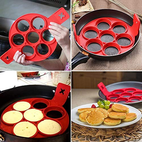 2 Packs Moldes de Silicona Pancake, Mini Molde de Panqueques, Moldes para Tortita, con 7 Agujeros, Corazón y Forma Redonda, para un Huevo de Bricolaje Rápido y Simple, Magdalena (Rojo)