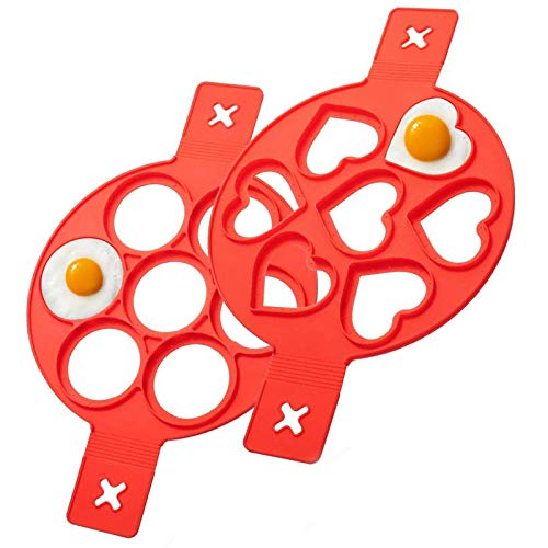 2 Packs Moldes de Silicona Pancake, Mini Molde de Panqueques, Moldes para Tortita, con 7 Agujeros, Corazón y Forma Redonda, para un Huevo de Bricolaje Rápido y Simple, Magdalena (Rojo)