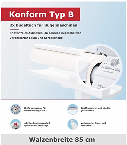 2 paños de planchado para máquina de planchar de 85 cm (funda de rodillo) tipo B – no es universal 100 % compatible con Miele, Siemens, Pfaff, etc.