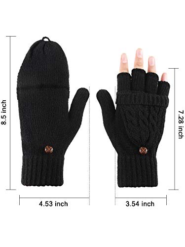 2 Pares de Guantes sin Dedos de Mujeres Manoplas Convertibles de Invierno Guantes de Punto de Mitad de Dedos co Tapa (Negro, Gris)