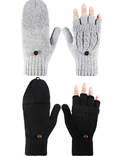 2 Pares de Guantes sin Dedos de Mujeres Manoplas Convertibles de Invierno Guantes de Punto de Mitad de Dedos co Tapa (Negro, Gris)