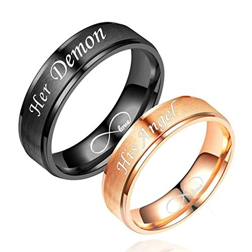 2 PCS Anillos de Pareja de Acero Grabado Amor Infinito Her Demon y His Angel Oro Rosa Negro Oro Rosa Negro Mujer Talla 17 + Hombre Talla 22