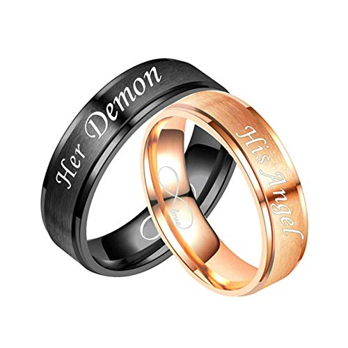 2 PCS Anillos de Pareja de Acero Grabado Amor Infinito Her Demon y His Angel Oro Rosa Negro Oro Rosa Negro Mujer Talla 17 + Hombre Talla 22