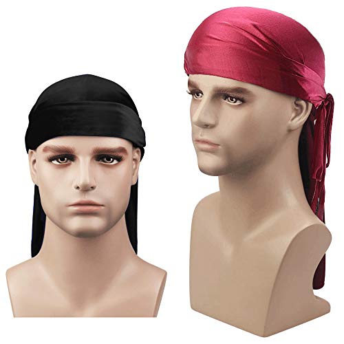 2 PCS Durag de Seda Para Hombres y Mujeres, Gorro de Onda Sedoso 360 Bandanas Piratas Para Hombre, Pañuelos de Cabeza de Satén Turbante Para el Cabello Con Cola Extra Larga y Correas Anchas