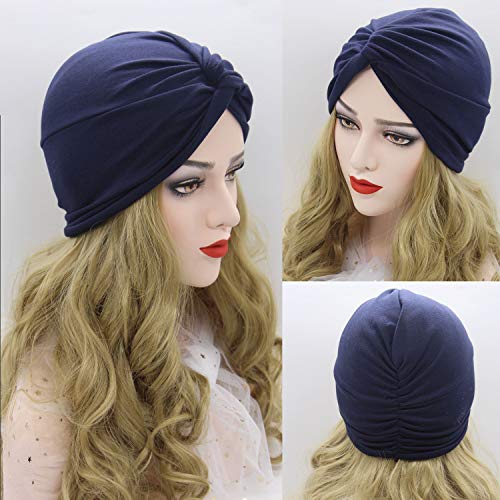 2 Piezas Pañuelos Gorros de Dormir Turbante para Mujer Algodón Elástico Pañuelos Cabeza Mujer Frontal Cruzado Gorro Turbante para Mujer Pérdida de Pelo (Azul Marino+Caqui)