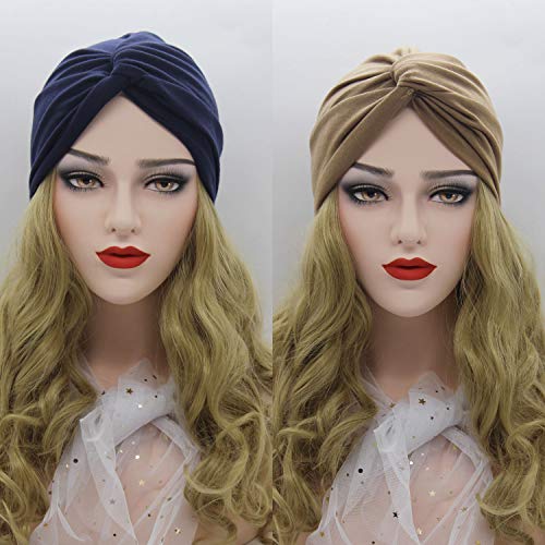 2 Piezas Pañuelos Gorros de Dormir Turbante para Mujer Algodón Elástico Pañuelos Cabeza Mujer Frontal Cruzado Gorro Turbante para Mujer Pérdida de Pelo (Azul Marino+Caqui)