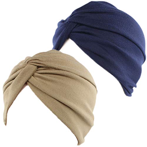 2 Piezas Pañuelos Gorros de Dormir Turbante para Mujer Algodón Elástico Pañuelos Cabeza Mujer Frontal Cruzado Gorro Turbante para Mujer Pérdida de Pelo (Azul Marino+Caqui)