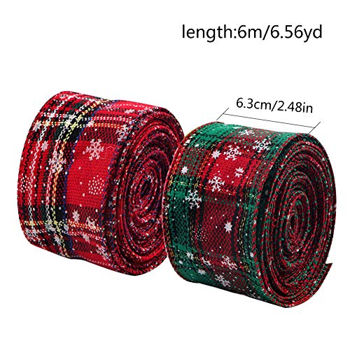 2 rollos 6m Cinta de Navidad con Borde de Alambre Arpillera a cuadros Cinta Cinta de envoltura navideña Cinta de tartán con borde Cinta de copo de nieve verde rojo Cintas para manualidades 6.3cm