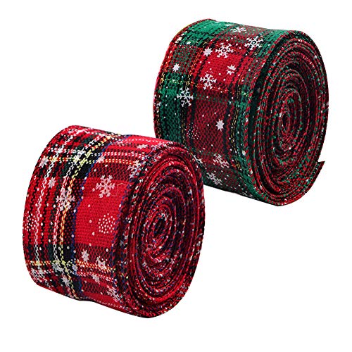 2 rollos 6m Cinta de Navidad con Borde de Alambre Arpillera a cuadros Cinta Cinta de envoltura navideña Cinta de tartán con borde Cinta de copo de nieve verde rojo Cintas para manualidades 6.3cm