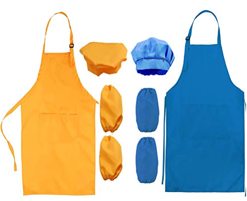 2 Set Delantal Para Niños, Niños Delantal y Gorro de Cocinero y Mangas de Cocina Juego de Chef para Cocinar Hornear Pintar Artesanía (3-6 Años)